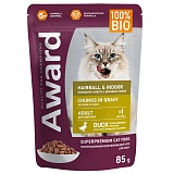 AWARD Hairball & Indoor выведение шерсти у кошек кусочки в соусе с уткой 85г